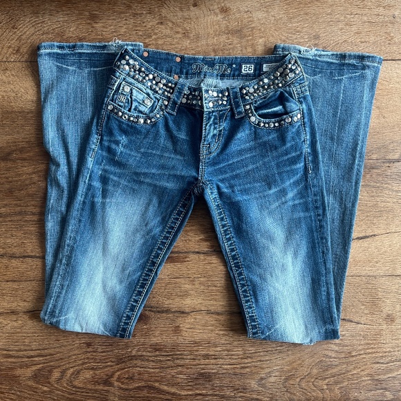 Miss Me Jeans Size: 26 Signature Bootcut Tri-color Rhinestone Gems Western Boho - Picture 1 of 13